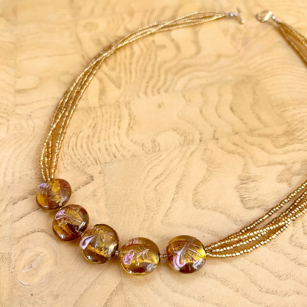 Amber Tone Beaded Necklace Handmade